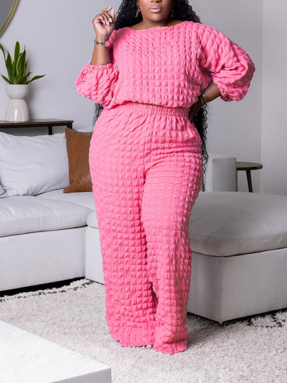 Conjunto de dos piezas informal de manga larga con cuello redondo y pantalones holgados para mujer, talla grande