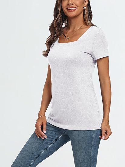 Camiseta informal de verano para mujer, con cuello cuadrado, color liso, manga corta y sin mangas