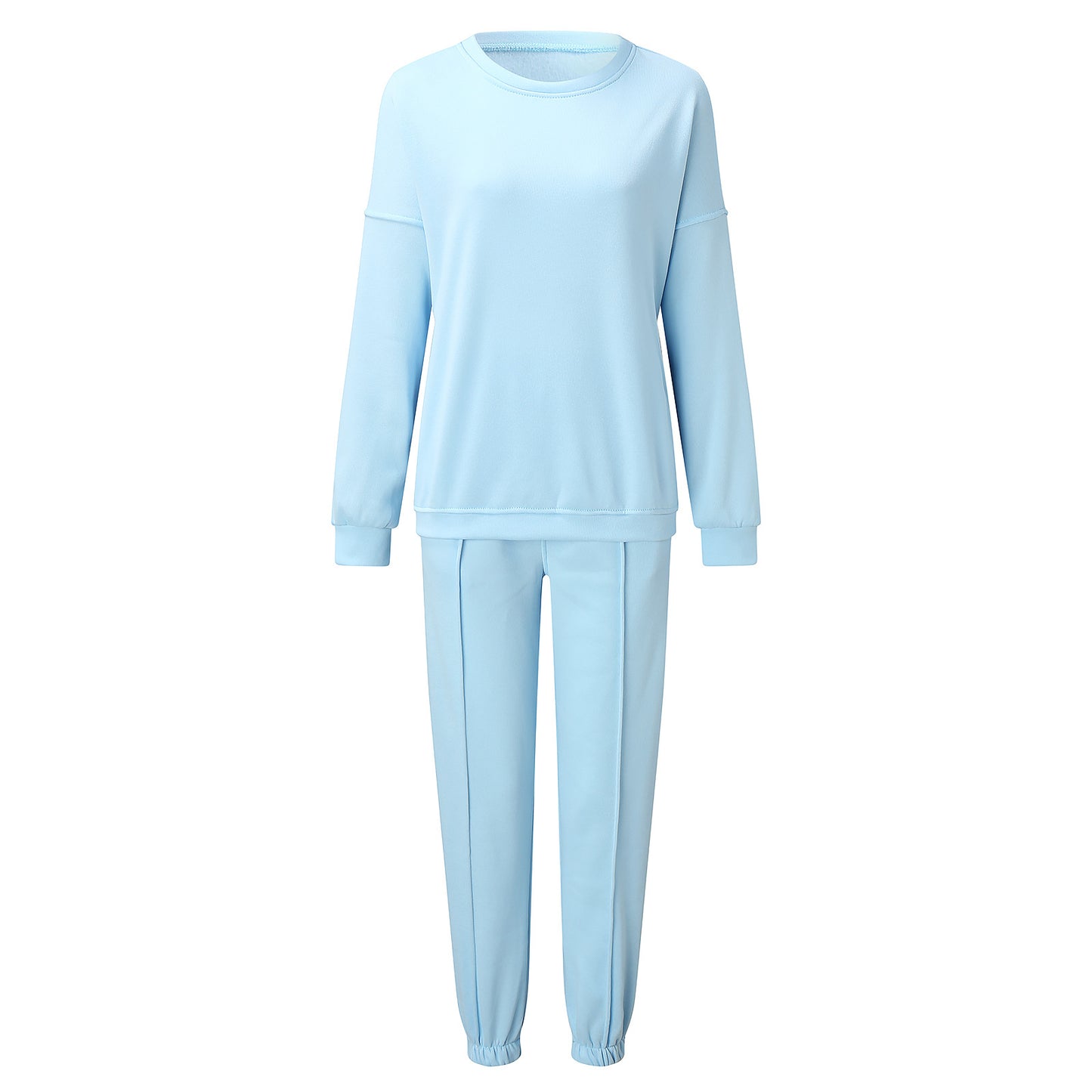 Conjunto de dos piezas holgado e informal con top y pantalón de manga larga y cuello redondo de color liso para mujer