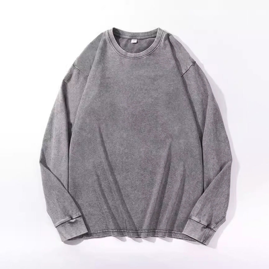 Camiseta holgada informal de manga larga con cuello redondo y color liso para mujer