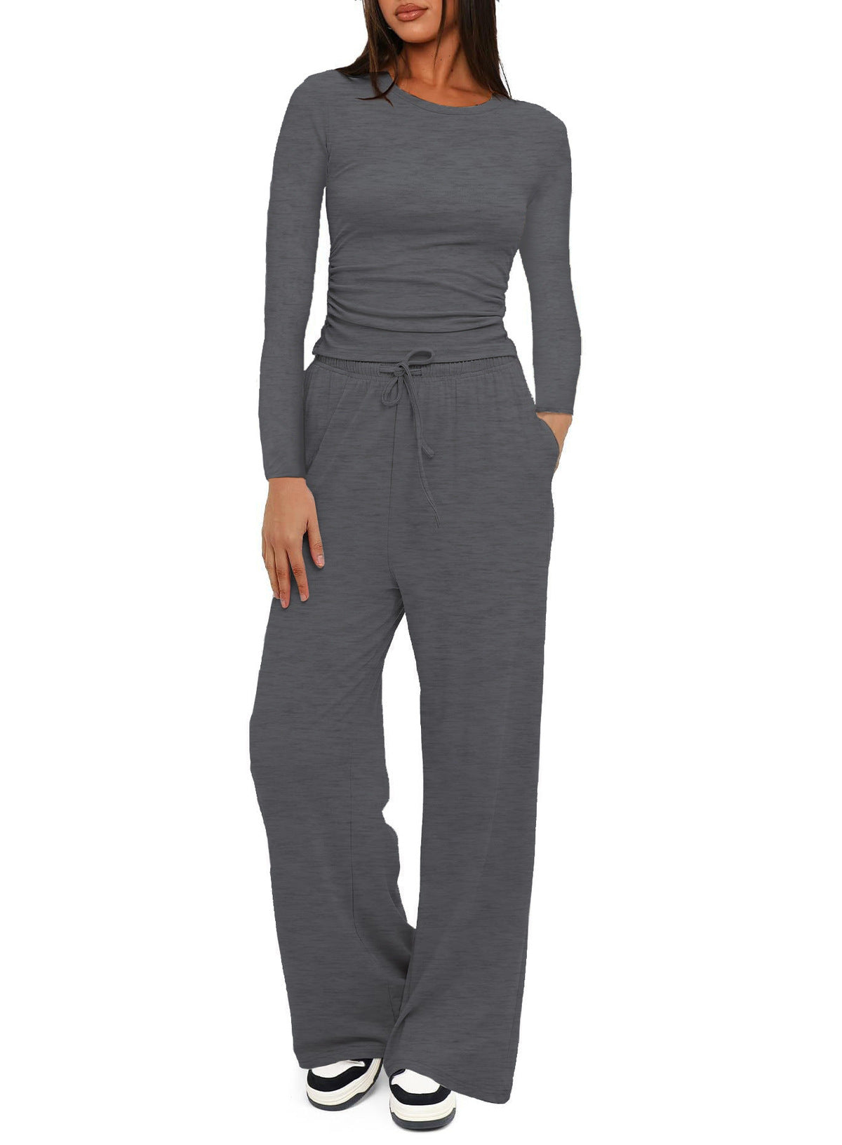 Conjunto de dos piezas formado por camiseta y pantalón de pierna ancha, cintura alta, color liso, informal, sencillo, para mujer