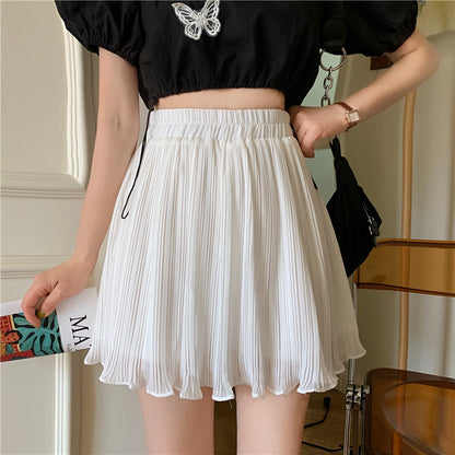 Women Casual Solid Color Pleated Summer High Waist Chiffon Skirt