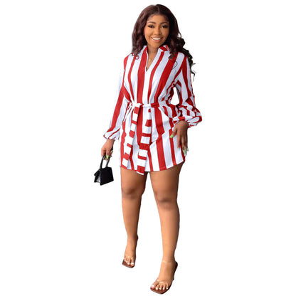 Fashion Women Color Blocking Stripe Printed V-Neck Casual Shirt Dress