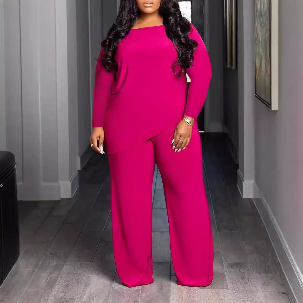 Conjunto de dos piezas de camiseta y pantalones holgados de manga larga irregulares de color liso de talla grande para mujer