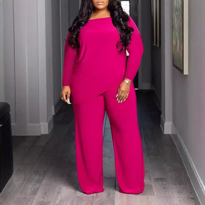 Conjunto de dos piezas de camiseta y pantalones holgados de manga larga irregulares de color liso de talla grande para mujer