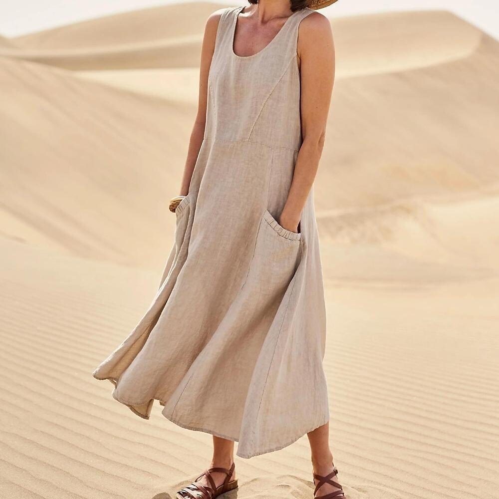 Summer Women Casual Solid Color Sleeveless Round Neck Pocket Cotton Linen Dress