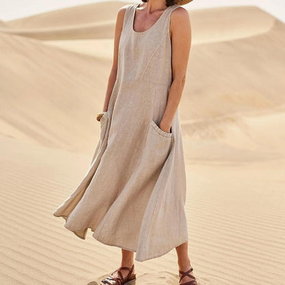 Summer Women Casual Solid Color Sleeveless Round Neck Pocket Cotton Linen Dress