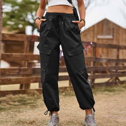 Street Loose Lace-Up Drawstring Elastic Waist Overalls Casual Cargo Pants