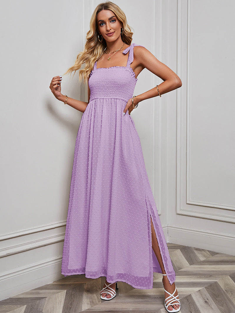 Vestido largo informal de gasa de color liso con doble capa y abertura lateral para mujer