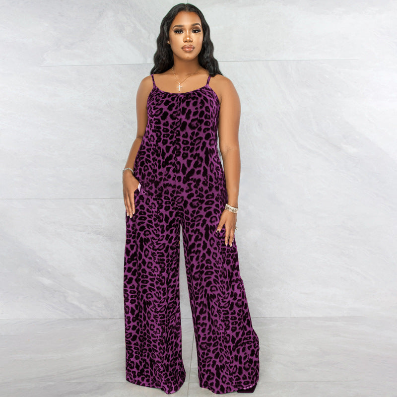 Summer Women Fashion Casual Leopard Printed Sling Wide Leg Jumpsuits