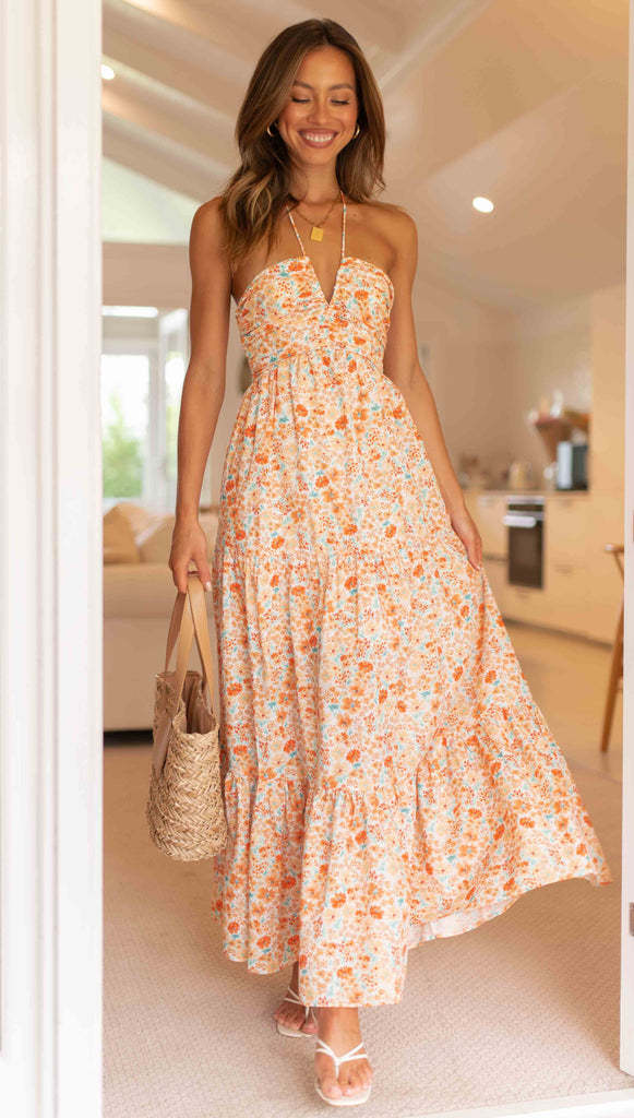 Vacation Women Casual Tiny Flower Print Backless Maxi Dress