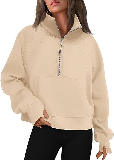 Sudadera informal de invierno para mujer, color liso, con cuello con cremallera y forro polar
