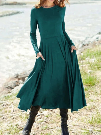 Women Casual Solid Color Round Neck Long Sleeve Dress