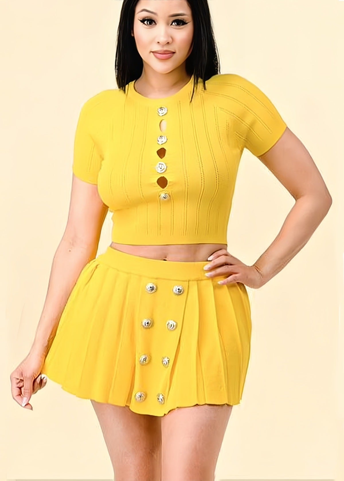Conjunto de dos piezas de punto de manga corta con botones huecos, informal y sexy para mujer