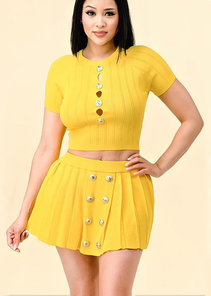 Conjunto de dos piezas de punto de manga corta con botones huecos, informal y sexy para mujer
