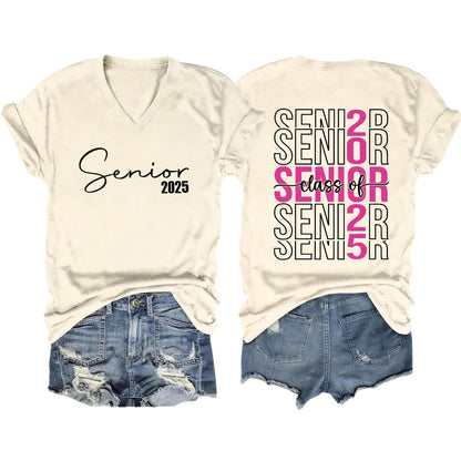 Camiseta informal de manga corta con cuello en V y estampado de letras para mujer 2025