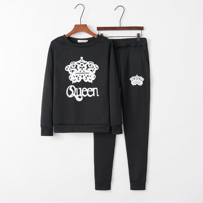 Casual Athleisure Women Slong Sleeve Queen Print Sweatshirt And Pants Set