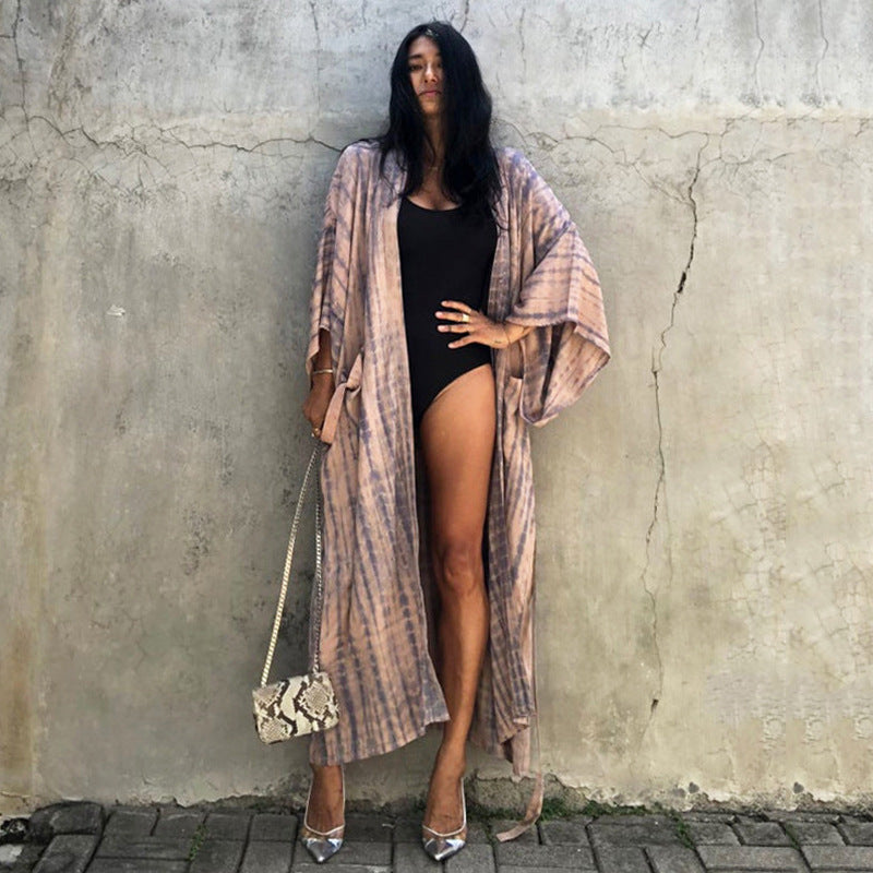 Traje de baño de bikini de playa de manga larga holgado con estampado para mujer, traje de baño informal para vacaciones