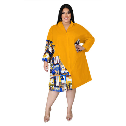 Plus Size Women Casual Elegant Color Blocking Patchwork Single-breasted Long Sleeves Office Shirt Dress