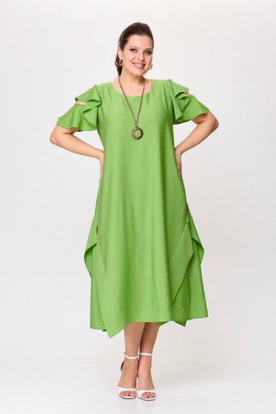 Summer Women Casual Solid Color Plus Size Ruffled Short Sleeve Dress