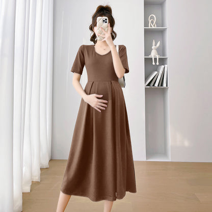 Summer Women Fashion Casual Solid Color Short Sleeve Maternity Dress