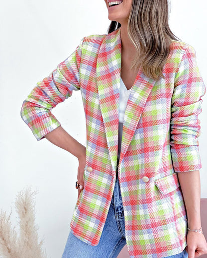 Chaqueta blazer cruzada con estampado a cuadros de manga larga informal para mujer