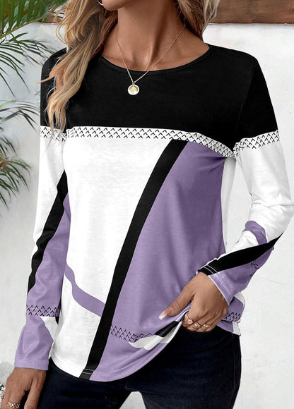 Women Fashion Casual Geometric Print Round Neck Long Sleeve T-Shirt