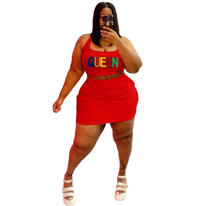 Conjunto de dos piezas de top corto y falda con apliques de letras Queen, informal, deportivo, sin mangas, para mujer