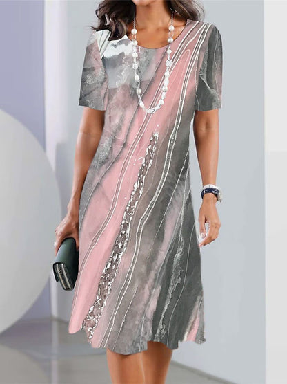 Vestido informal de manga corta con cuello redondo y estampado geométrico para mujer
