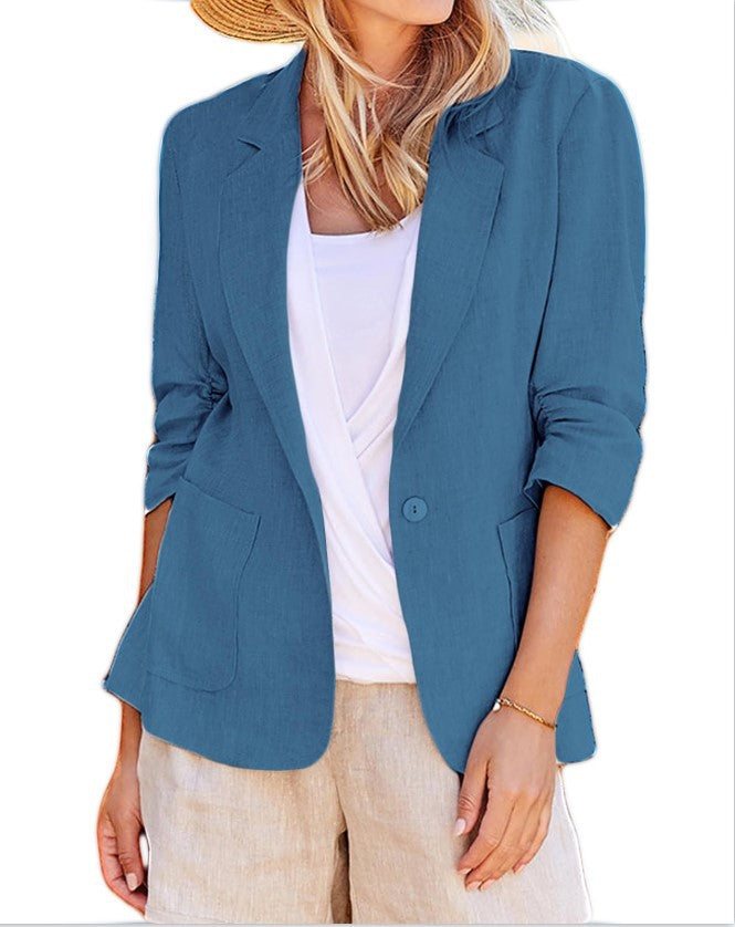 Chaqueta blazer informal de manga larga con solapa y botonadura sencilla de color liso para mujer