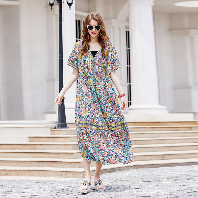 Vestido largo informal floral de manga corta con cuello en V estilo bohemio de talla grande para mujer