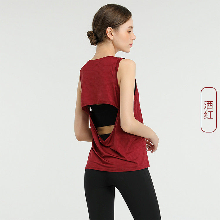 Women Casual Loose Solid Color Round Neck Sleeveless Back Cut Out Sports Tank Top