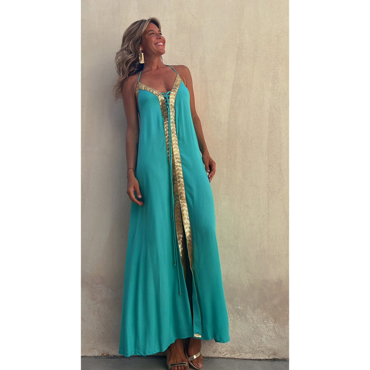 Spring And Summer Halter Neck Casual Loose Vacation Women Maxi Sun Dress