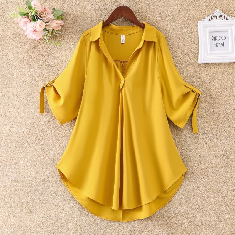 Women Fashion Casual Solid Color Mid-Length Short-Sleeved Chiffon Shirt Blouse