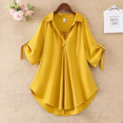 Women Fashion Casual Solid Color Mid-Length Short-Sleeved Chiffon Shirt Blouse