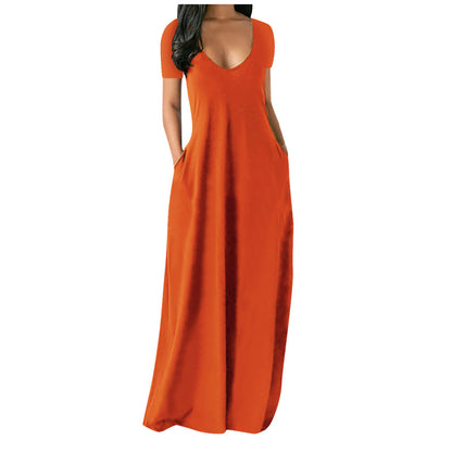 Summer Plus Size Women Basic Solid Color Casual V Neck Short-Sleeved Maxi Dress With Pockets