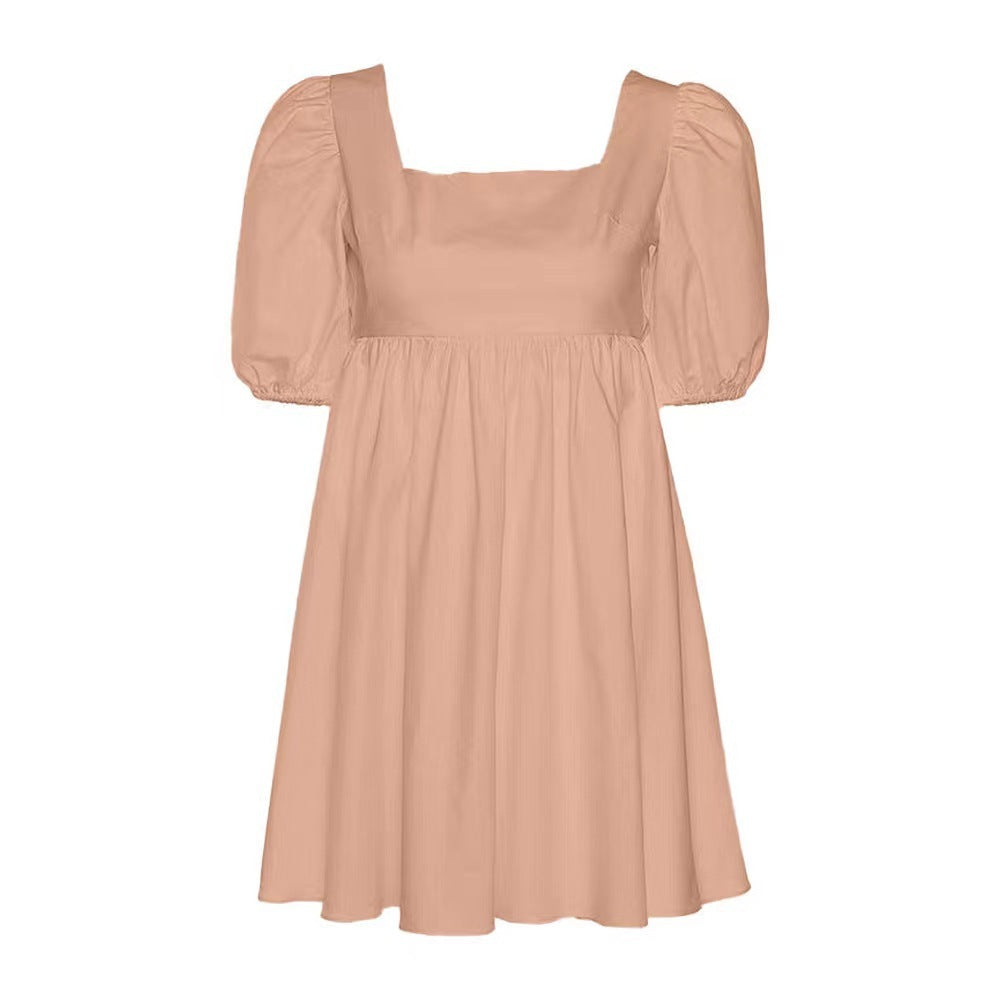 Summer Casual Sweet Women Square Neck Backless Puff Sleeve Solid Color Swing Dress