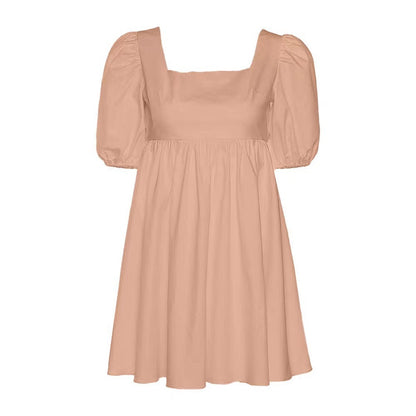 Summer Casual Sweet Women Square Neck Backless Puff Sleeve Solid Color Swing Dress