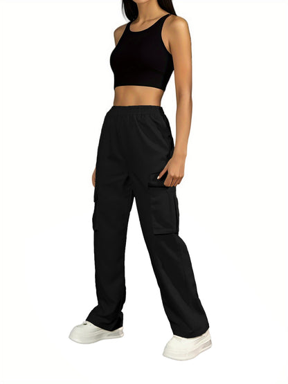 Women Casual Solid Color High Waist Pocket Pants