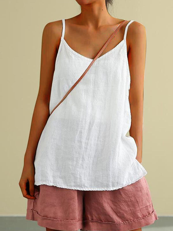 Camisola informal de lino y algodón de color liso para mujer