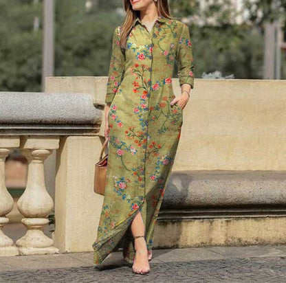 Women Casual Plaid Floral Long Sleeve Lapel Collar Button Maxi Dress