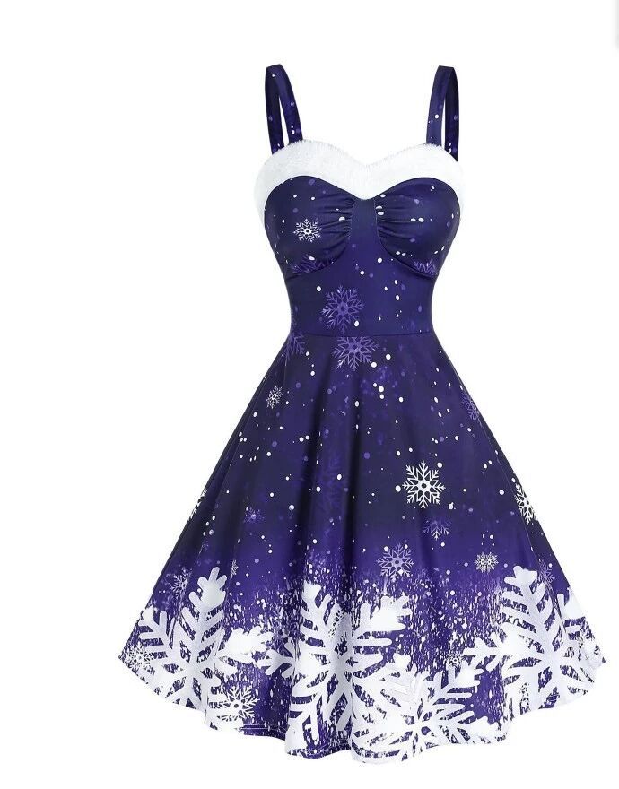Women Fashion Casual Christmas Snowflake Print Wide Strap Swing Dress