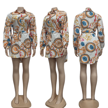 Women Fashion Casual Printed Lapel Long-Sleeve Belt Dress