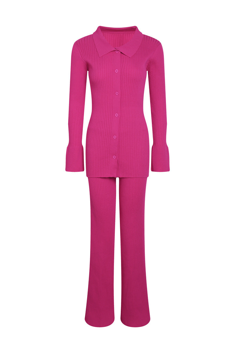 Conjunto de top y pantalón de manga larga con botonadura sencilla de punto de color liso informal para mujer