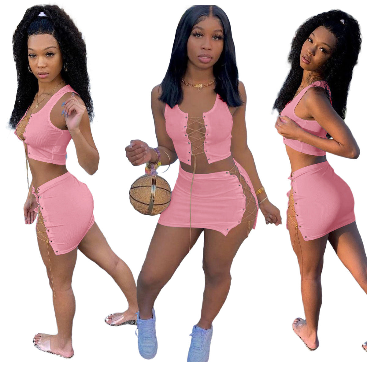 Women Fashion Casual Solid Color Hollow Mental Chain Strap Crop Top And Skirt Two Pieces Set