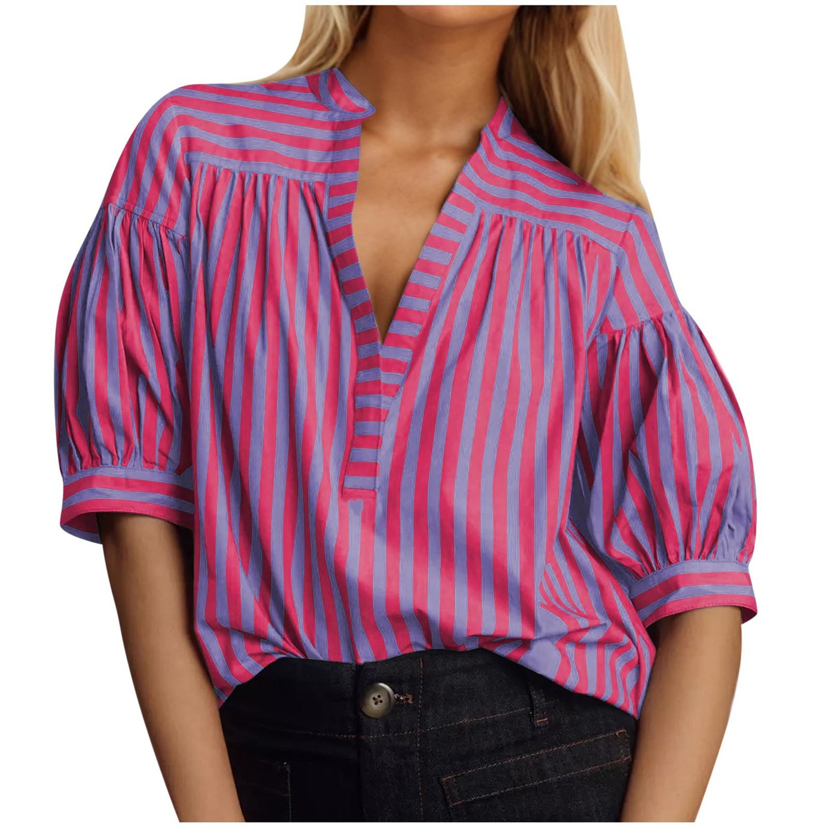 Blusa informal de manga larga con cuello en V y costuras a rayas para mujer