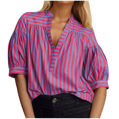 Blusa informal de manga larga con cuello en V y costuras a rayas para mujer