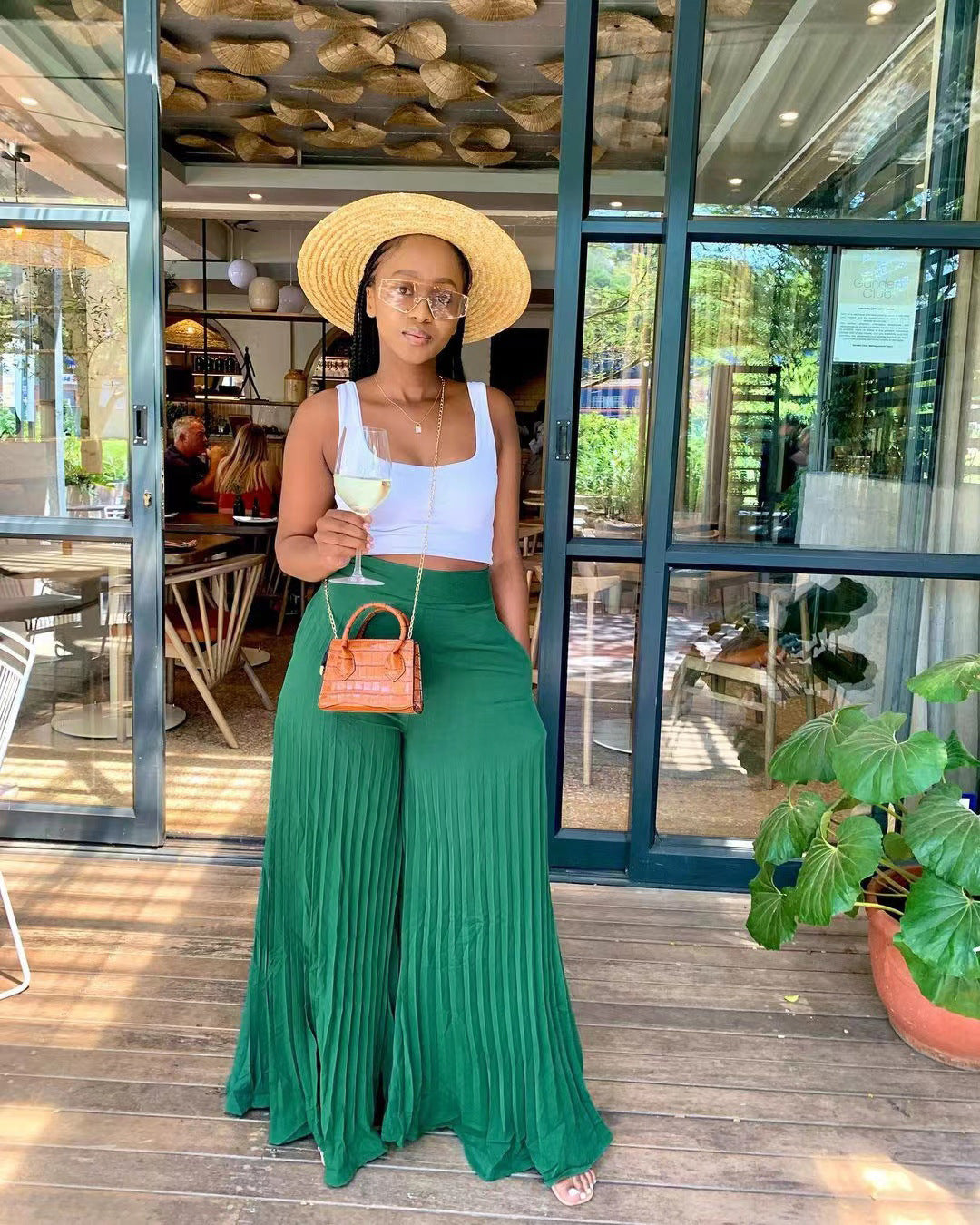 Women Fashion Casual Solid Color Pleated Wide Leg Pants