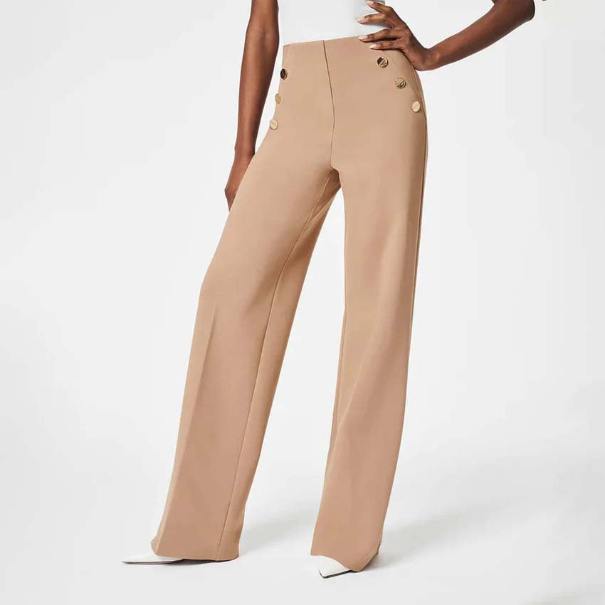 Women Fashion Casual High Waist Button Wide Leg Slim Fit Pants