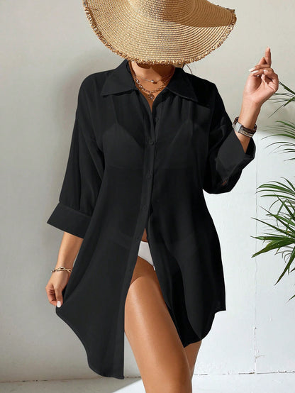 Women Casual Perspective Chiffon Shirt Bikini Cover-Ups